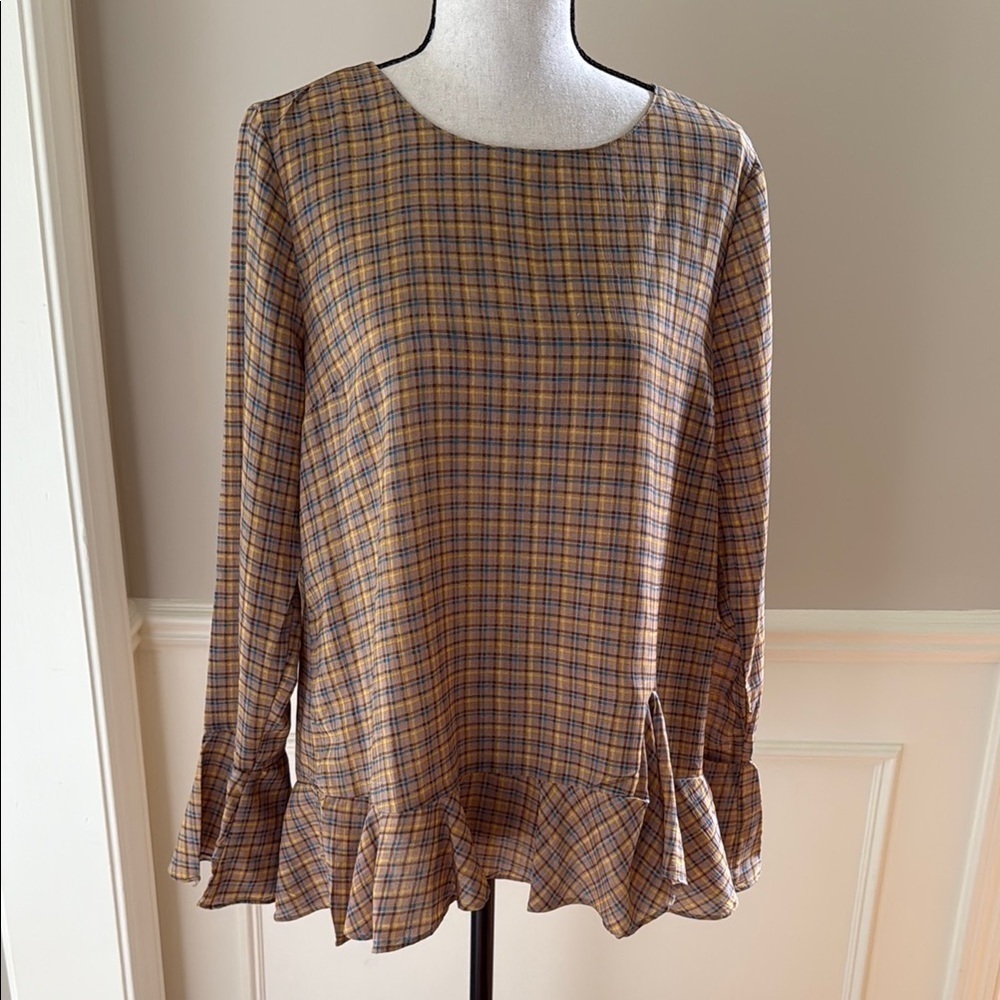 Hayden Women L Brown Plaid Ruffle Hem Women's Top Long Sleeve Blouse